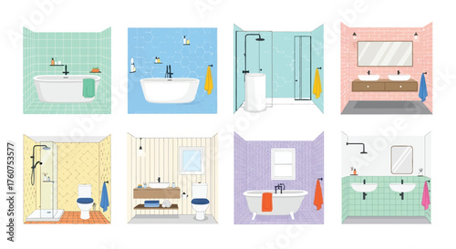 Illustrative collection of various bathroom interior design concepts and elements