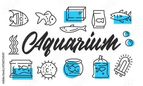 Aquarium poster. Aquarium poster design with Fish Tank, Goldfish, Bowl, Plant, and Bag icons. Simple poster for presentations, covers. Banner template. Vector illustration.
