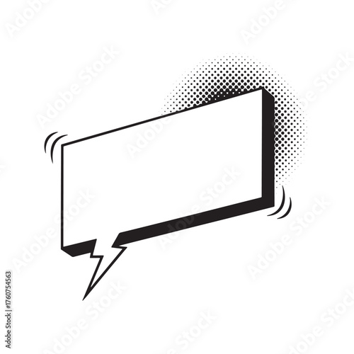 Rectangular comic speech bubble with lightning bolt tail and halftone dots. Pop art style black and white vector for shouting or dialogue.
