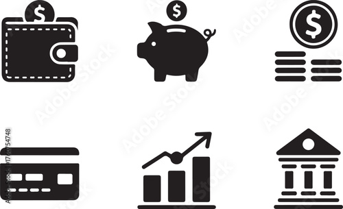 Finance icons showing growth, wallet, savings, bank