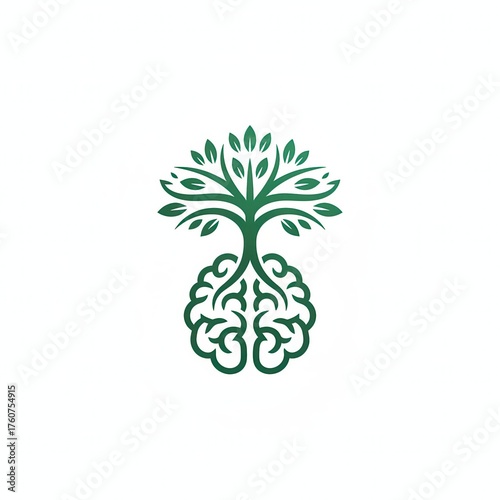 Green tree growing from a brain symbol concept for mental health and ecological awareness