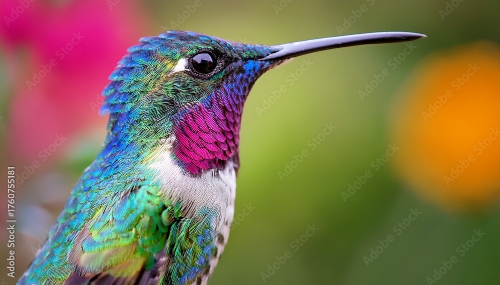 Fototapeta premium Broad Billed Hummingbird Using Different Backgrounds The Bird Becomes More Interesting And Blends With The Colors These Birds Are Native To Mexico And Brighten Up Most Gardens Where Flowers Bloom