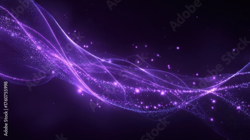 shining purple aurora with glowing digital energy waves abstract particle lines and gradient light trails in futuristic dark background technology motion and cosmic fantasy concept