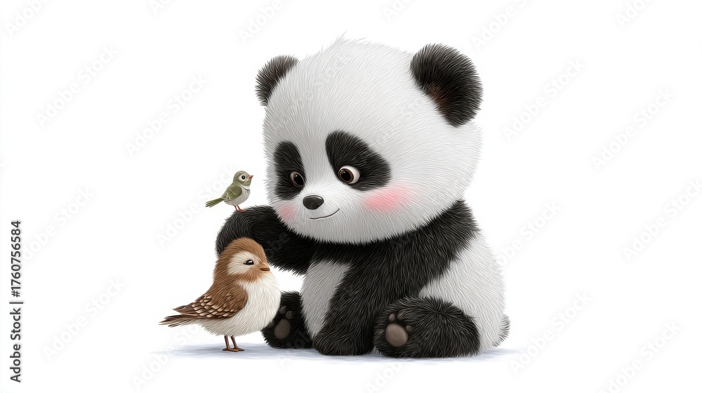 Naklejka premium Gentle cartoon panda patting small baby bird on the head, warm expression, texture, white background