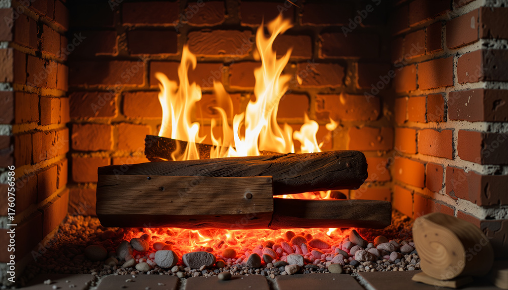 Obraz premium Cozy fireplace with glowing flames and burning logs in brick setting 