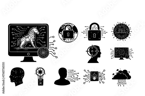 Cyber Warfare & Threat Intelligence Black Silhouette Icon Set: Trojan Horse, Network Lock, Targeted Profile, and Data Obscuring Digital Smoke Vectors.