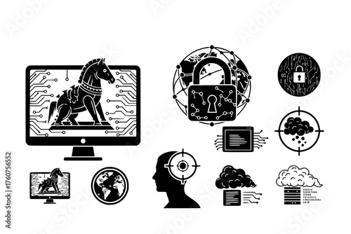 Cyber Warfare & Threat Intelligence Black Silhouette Icon Set: Trojan Horse, Network Lock, Targeted Profile, and Data Obscuring Digital Smoke Vectors.