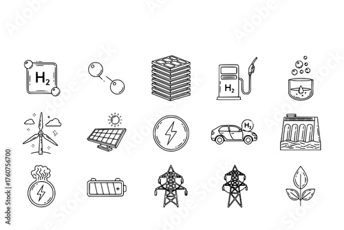 Hydrogen Fuel Cell & Alternative Energy Black Silhouette Line Icon Set: H2 Atom, Fuel Cell Stack, Filling Station, and Electrolysis Diagram Vectors.