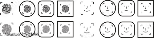 Fingerprint and face scan symbol Black flat and line style biometric security vector icon set, face ID and fingerprint authentication group, collection, access identity verification synonym
