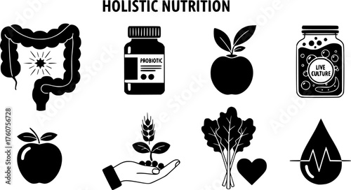 Holistic Nutrition & Gut Health Black Silhouette Vector Set: Intestines Diagram, Probiotics, Fermented Food, and Leafy Greens Conceptual Wellness Icons.