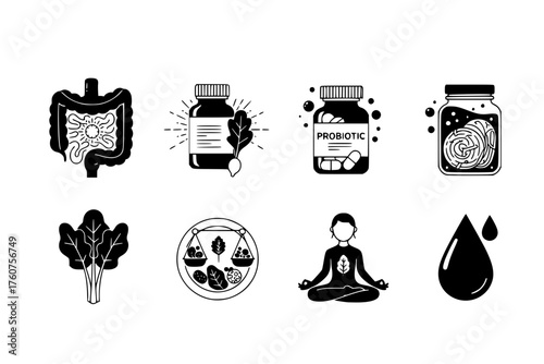 Holistic Nutrition & Gut Health Black Silhouette Vector Set: Intestines Diagram, Probiotics, Fermented Food, and Leafy Greens Conceptual Wellness Icons.