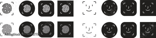 Fingerprint and face scan symbol Black flat and line style biometric security vector icon set, face ID and fingerprint authentication group, collection, access identity verification synonym