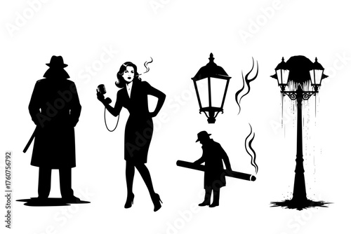 Vintage Film Noir & Espionage Black Silhouette Vector Set: Trench Coat Detective, Femme Fatale, Streetlamp, and Dramatic Cinematic High-Contrast Figures.
