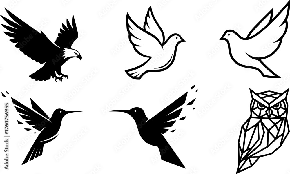 Obraz premium Artistic Bird Silhouettes Black Vector Set: Soaring Eagle, Calm Dove, Abstract Hummingbird, and Geometric Owl Shapes for Logos and Branding.