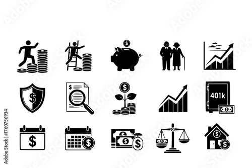 Financial Wellness & Retirement Planning Black Silhouette Icon Set: Savings Growth, Piggy Bank, Elderly Couple, and Compound Interest Corporate Vectors.