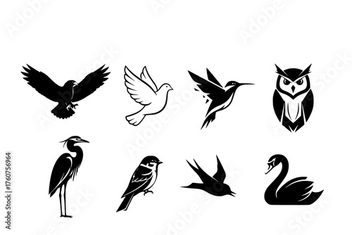 Artistic Bird Silhouettes Black Vector Set: Soaring Eagle, Calm Dove, Abstract Hummingbird, and Geometric Owl Shapes for Logos and Branding.