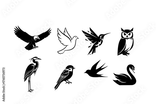 Artistic Bird Silhouettes Black Vector Set: Soaring Eagle, Calm Dove, Abstract Hummingbird, and Geometric Owl Shapes for Logos and Branding.