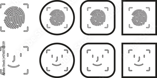 Fingerprint and face scan symbol Black line style biometric security vector icon set, face ID and fingerprint authentication group, collection, access identity verification synonym
