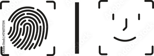 Fingerprint and face scan symbol Black flat and line style biometric security vector icon set, face ID and fingerprint authentication group, collection, access identity verification synonym