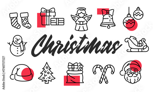 Christmas poster. Christmas poster design with Stockings, Gifts, Angel, Santa, and Tree icons. Simple poster for presentations, covers. Banner template. Vector illustration.