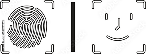 Fingerprint and face scan symbol Black flat and line style biometric security vector icon set, face ID and fingerprint authentication group, collection, access identity verification synonym