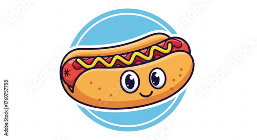 A charming cartoon hotdog with a cheerful expression, complete with mustard, perfect for food illustrations