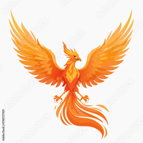 Majestic phoenix bird illustration soaring with wings spread wide on white