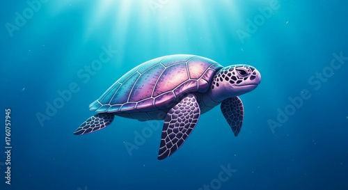 A captivating illustration of a sea turtle gracefully swimming in the ocean, bathed in sunlight, showcasing marine life and underwater beauty