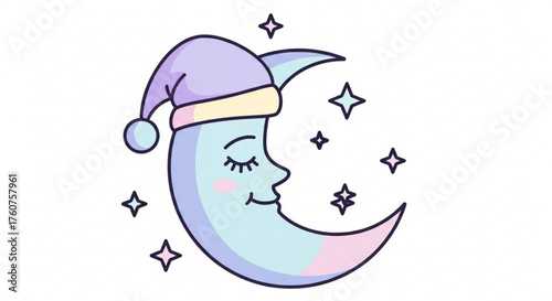 Cute sleeping moon with nightcap, surrounded by stars, a whimsical and dreamy illustration for children