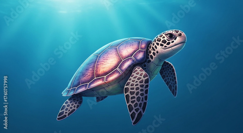A captivating illustration of a sea turtle gracefully swimming in the ocean, bathed in sunlight, showcasing marine life and underwater beauty