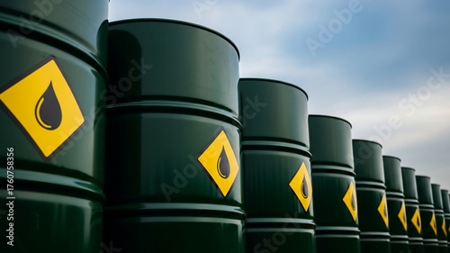 Row of dark green oil drums with hazard symbols