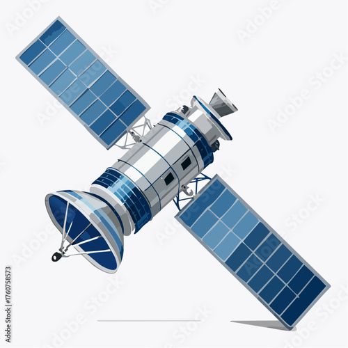 Modern satellite illustration with solar panels in blue and silver