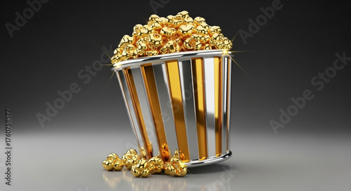 Golden popcorn in a striped bucket on a dark background this luxurious snack is perfect for a special movie night 3d rendering
