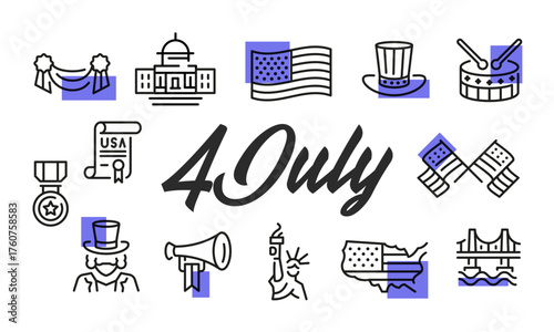 4 July poster. 4 July poster design with Flag, Liberty, Capitol, Hat, and USA Map icons. Simple poster for presentations, covers. Banner template. Vector illustration.