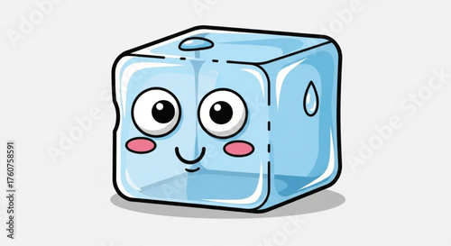Cute ice cube cartoon character, with big eyes, rosy cheeks, and a small smile, perfect for summer refreshment