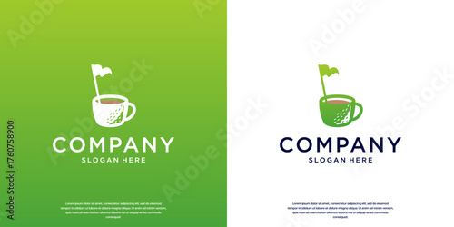 Golf sports logo with a combination of coffee cups, rest, food and drinks, graphic vector template.