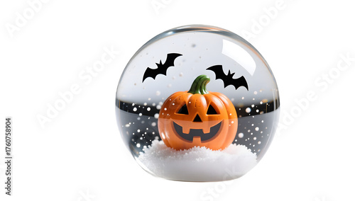 A crystal clear Halloween snow globe  studio product photo reflective glass plain white background