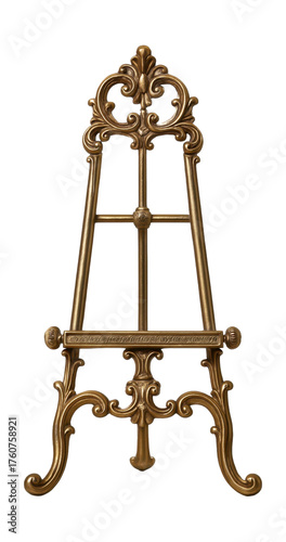 An ornate metal easel, ideal for displaying family portraits in a dining room.