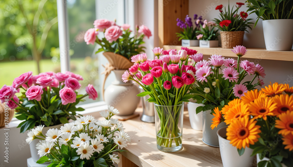 Fototapeta premium Colorful flower arrangement on wooden shelf by sunny window