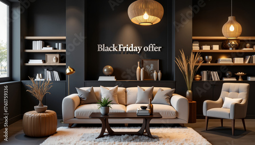 Modern living room with cozy furniture and Black Friday offer display  