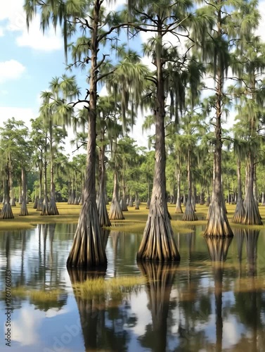 Calm marsh view with bald cypress trunks, shallow water and detailed knee formations