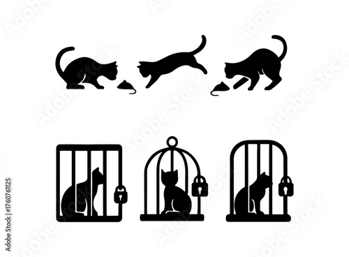 Silhouettes of cats playing with mice and cats in cages