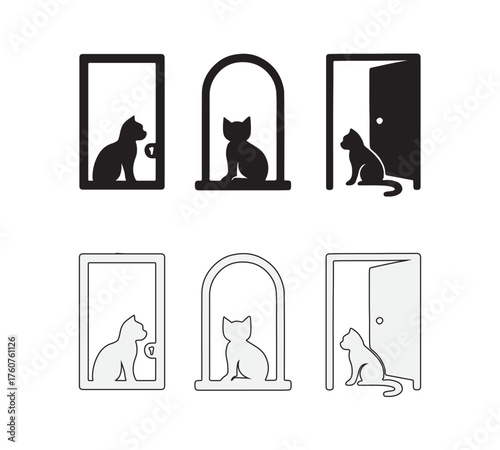 Cat in Window and Door Icon Set