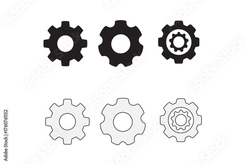 Gear and Cogwheel Icon Set : Black and white gear icons on a white background