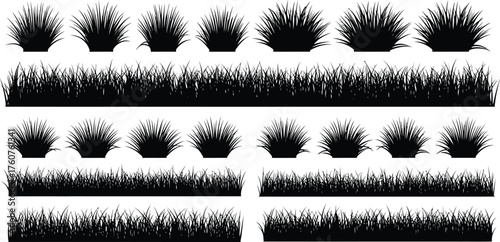 Black Grass Clumps and Borders Silhouette Set on Transparent Background