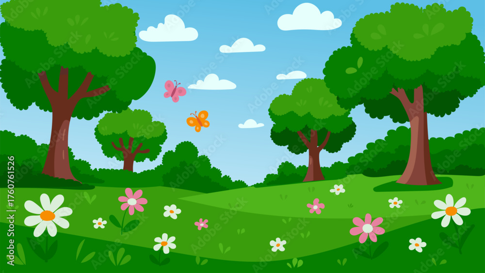 Obraz premium Forest and meadow landscape with trees, flowers and grass. Cartoon vector illustration.