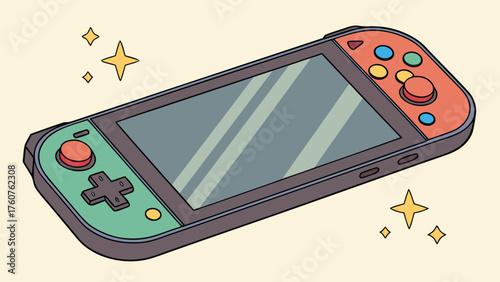 A cartoon illustration of a handheld gaming console with a screen and controllers on each side with sparkles