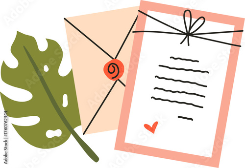 Love letter writing with envelope and tropical leaf