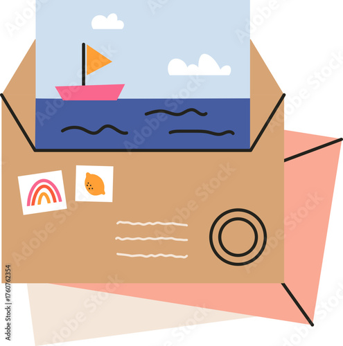 Envelope opening with postcard showing sailboat on the sea