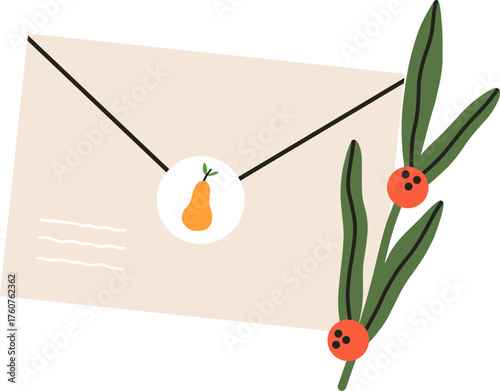 Envelope receiving mail with pear sticker and berries
